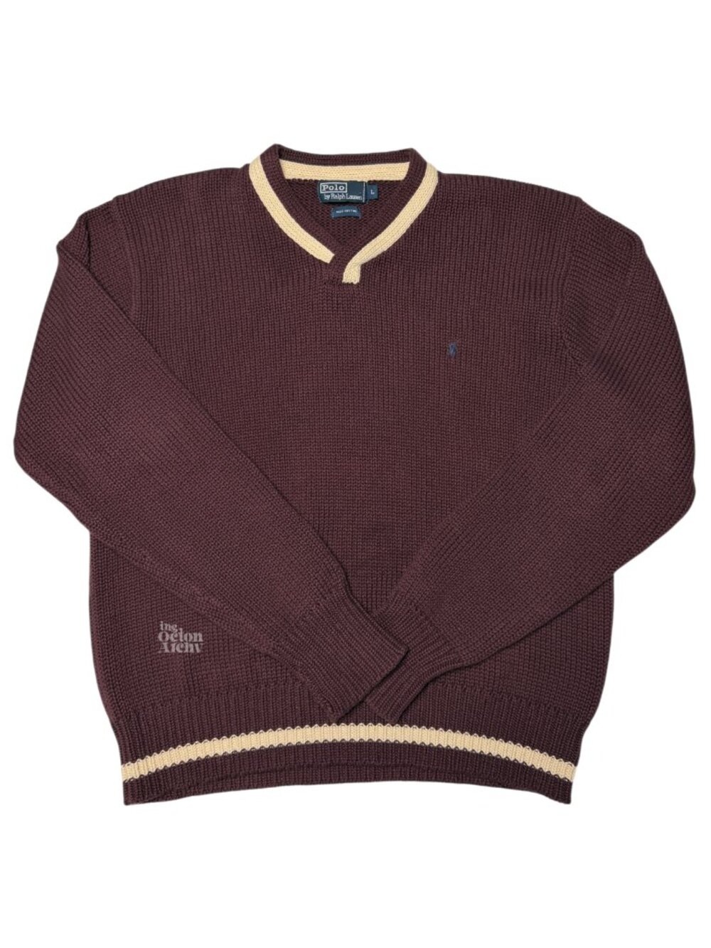Size L Vintage Polo Ralph Lauren V-Neck Cotton Knit Sweater 'Burgundy' Pre-owned
